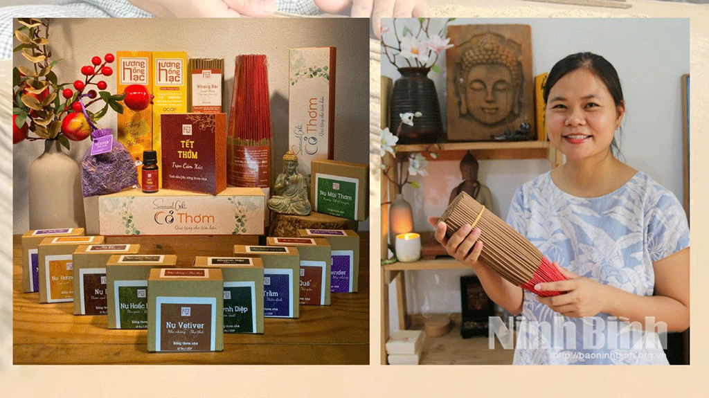 Chị Nguyễn Thị Hoài, xã Khánh Nhạc khởi nghiệp với sản phẩm hương nhang được sản xuất từ cỏ Vetiver.
