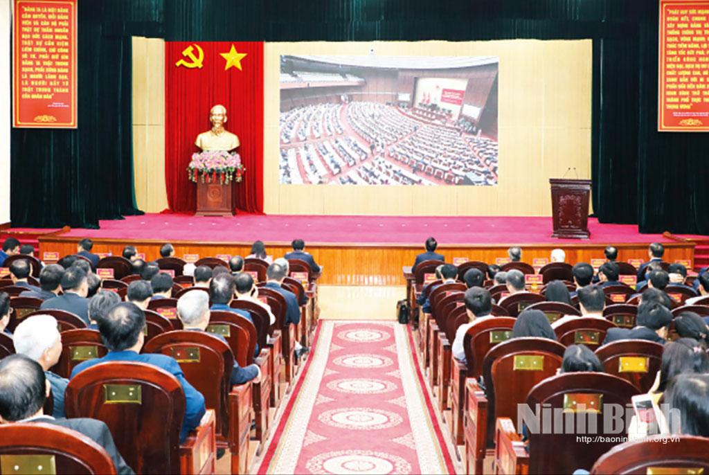 Hội nghị toàn quốc nghiên cứu, học tập, quán triệt và triển khai thực hiện Nghị quyết Đại hội XIV của Đảng tổ chức ngày 7/2/2026 tại điểm cầu Tỉnh ủy Ninh Bình. Ảnh: Trần Đức
