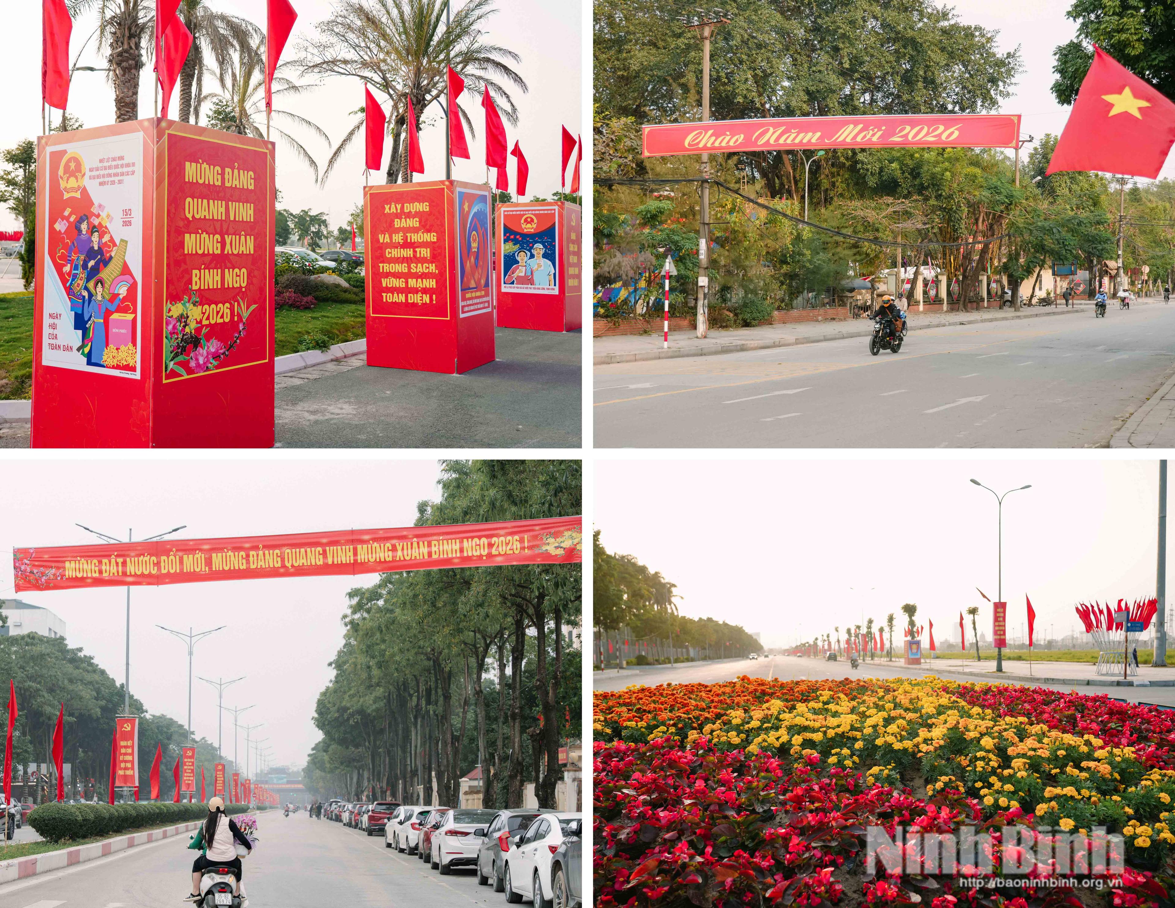 Phố phường trên địa bàn tỉnh rực rỡ với cờ hoa, pa-nô, băng rôn mừng Đảng, mừng Xuân tạo nên không khí rộn ràng trên từng tuyến phố.