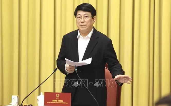 Chủ tịch nước Lương Cường chủ trì họp với Văn phòng Chủ tịch nước về công tác chuẩn bị đón Tết Nguyên đán Bính Ngọ 2026. Ảnh: Lâm Khánh/TTXVN