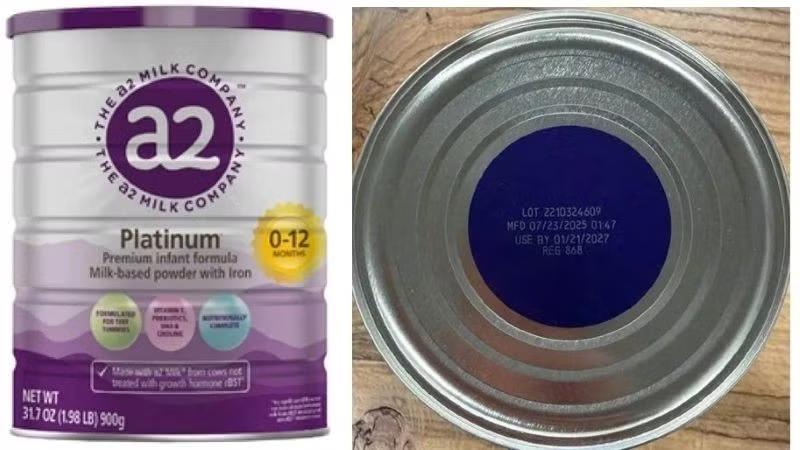 Sản phẩm sữa bột a2 Platinum Premium dành cho trẻ 0-12 tháng tuổi bị thu hồi tại thị trường Mỹ. (Ảnh: FDA)