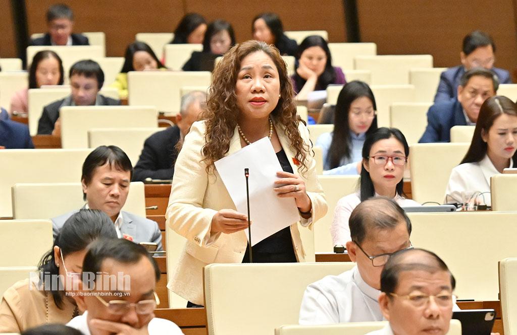 Đại biểu Trần Thị Hiền, Chủ tịch HĐQT, Giám đốc Công ty Cổ phần Xây dựng và Phát triển Hạ tầng Kỹ thuật Hà Nam (Đoàn ĐBQH tỉnh Ninh Bình) tham gia thảo luận tại hội trường về Dự án Luật Dân số.