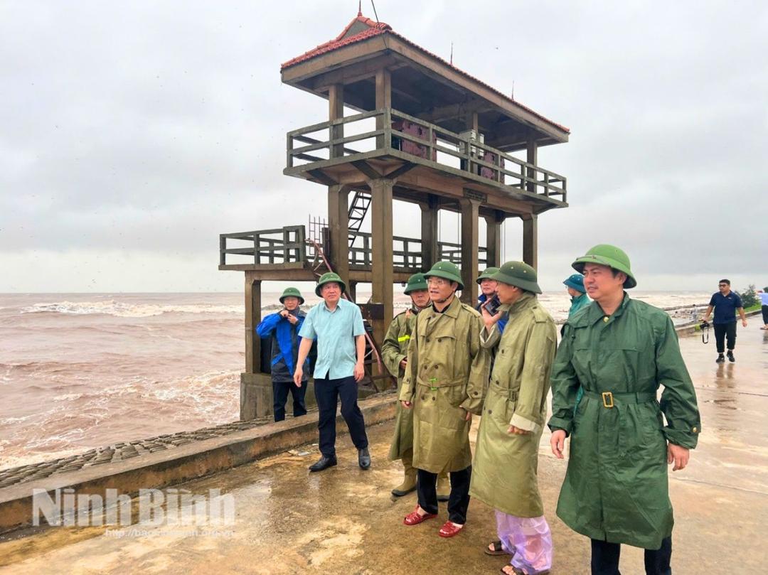 Lãnh đạo UBND tỉnh kiểm tra công tác phòng chống lụt bão tại đê kè biển khu vực xã Hải Thịnh, tỉnh Ninh Bình.