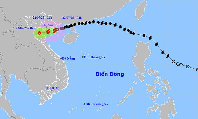 Đường đi và vị trí của bão số 3 vào lúc 5 giờ ngày 22/7. Ảnh: thoitietvietnam
