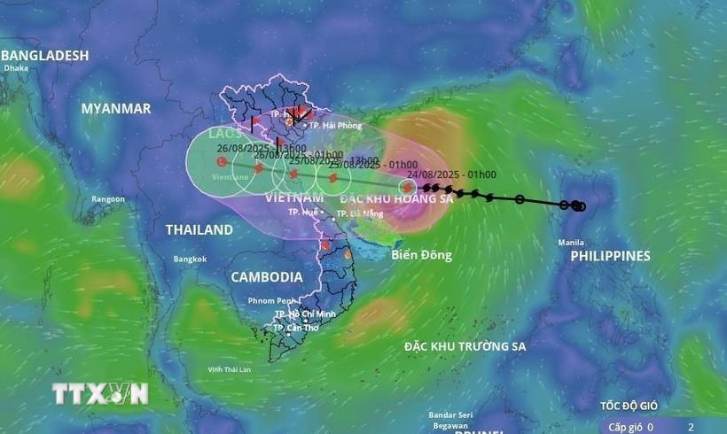 Hướng di chuyển bão số 5 từ hệ thống giám sát thiên tai Việt Nam, lúc 4 giờ ngày 24/8. (Ảnh: TTXVN)