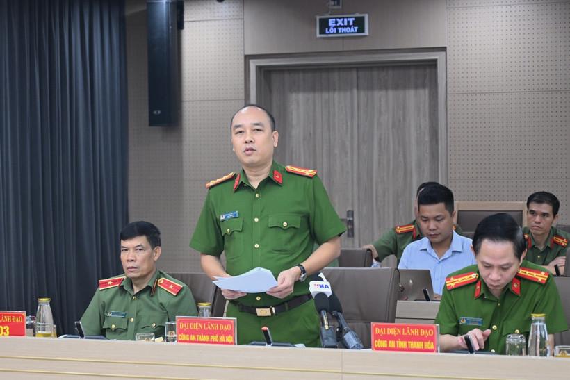 Đại tá Nguyễn Đức Long, Phó Giám đốc Công an thành phố Hà Nội phát biểu tại buổi họp báo. (Ảnh: Bộ Công an)