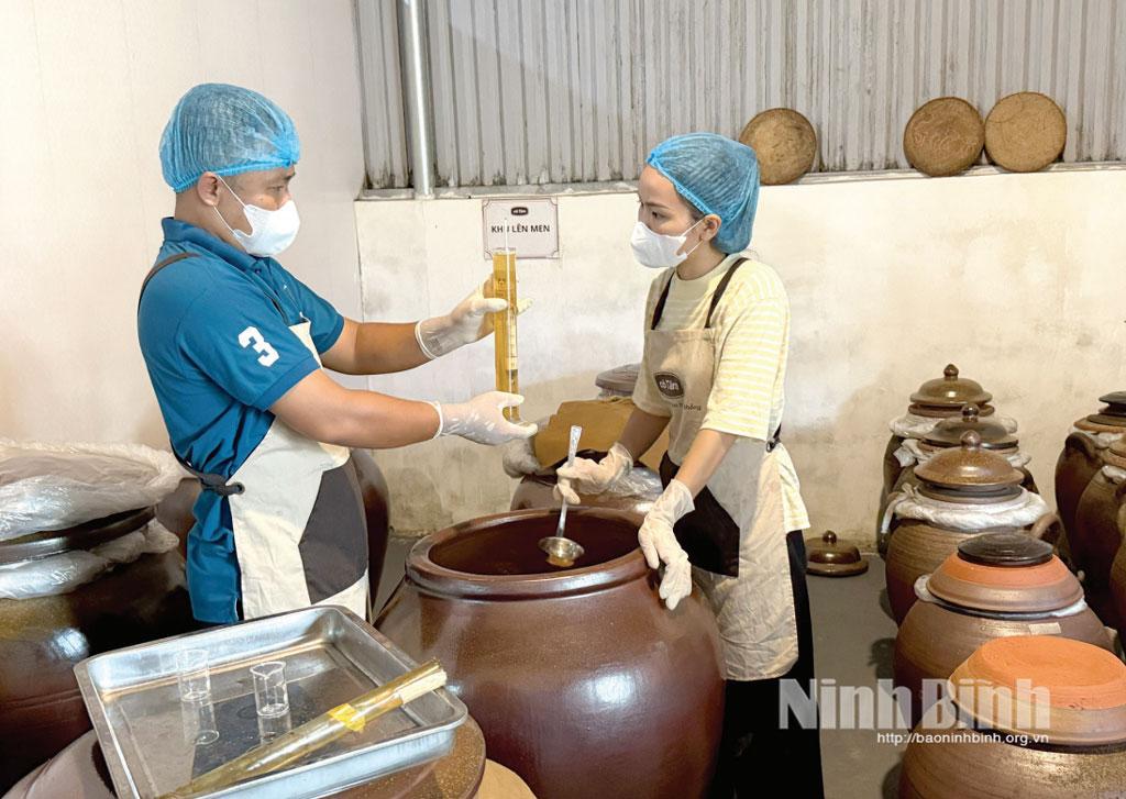 Kiểm tra chất lượng sản phẩm giấm mơ trà xanh tại Hợp tác xã thanh niên Bách Cốc, phường Trường Thi.