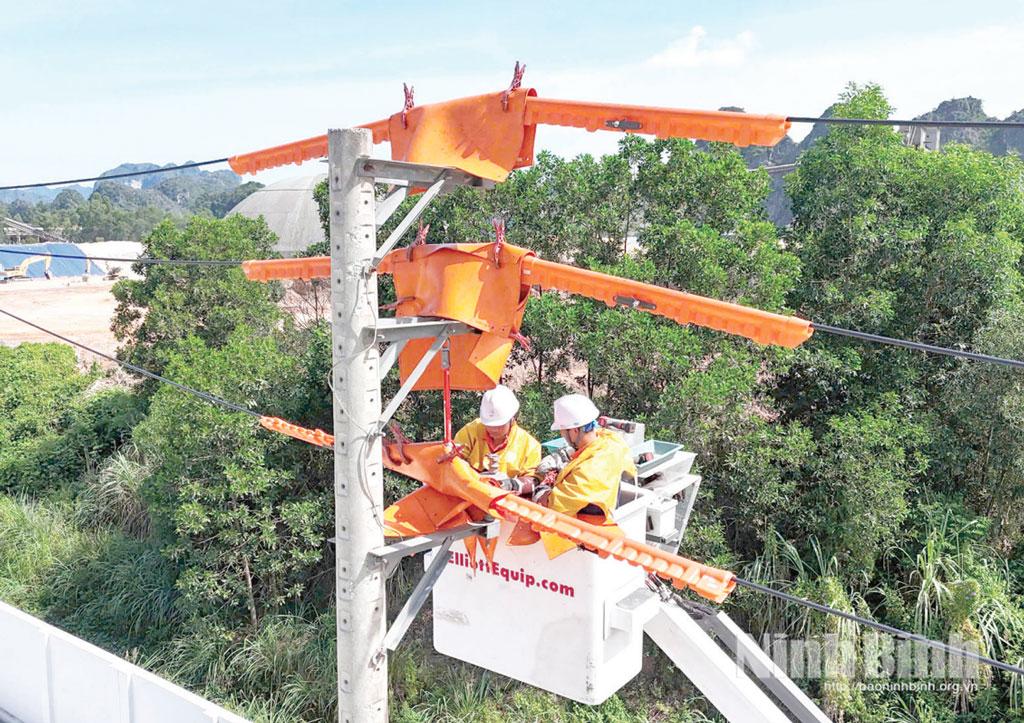 Công nhân Công ty Điện lực Ninh Bình sửa chữa lưới điện.