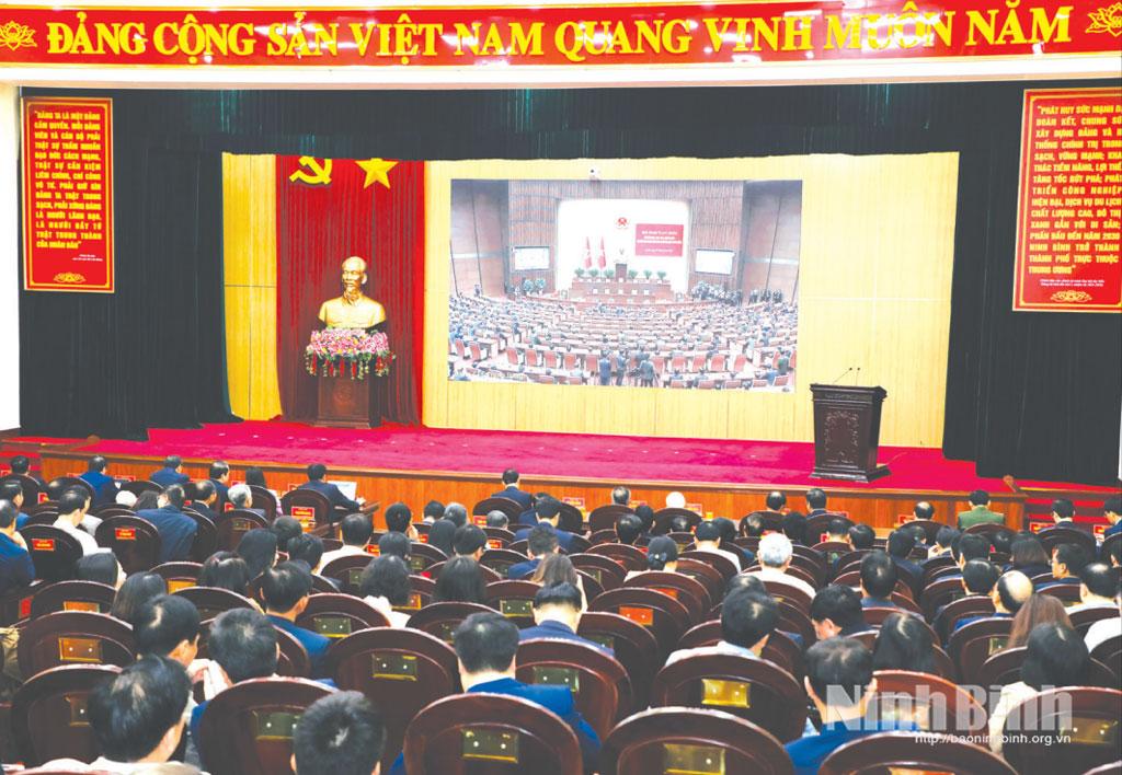 Hội nghị toàn quốc nghiên cứu, học tập, quán triệt và triển khai thực hiện Nghị quyết Đại hội XIV của Đảng tổ chức ngày 7/2/2026 tại điểm cầu Tỉnh ủy Ninh Bình. Ảnh: Đức Lam