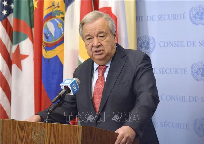 Tổng Thư ký LHQ Antonio Guterres phát biểu trong một cuộc họp báo tại New York, Mỹ. Ảnh: Kyodo/TTXVN