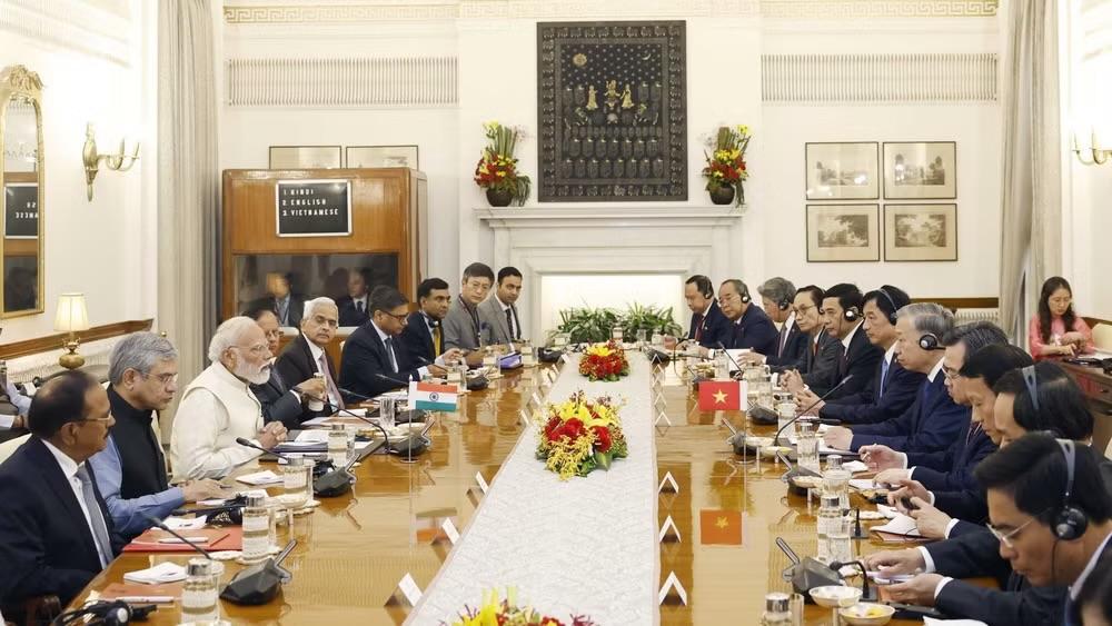 Tổng Bí thư, Chủ tịch nước Tô Lâm hội đàm với Thủ tướng Ấn Độ Narendra Modi. (Ảnh: Thống Nhất/TTXVN)