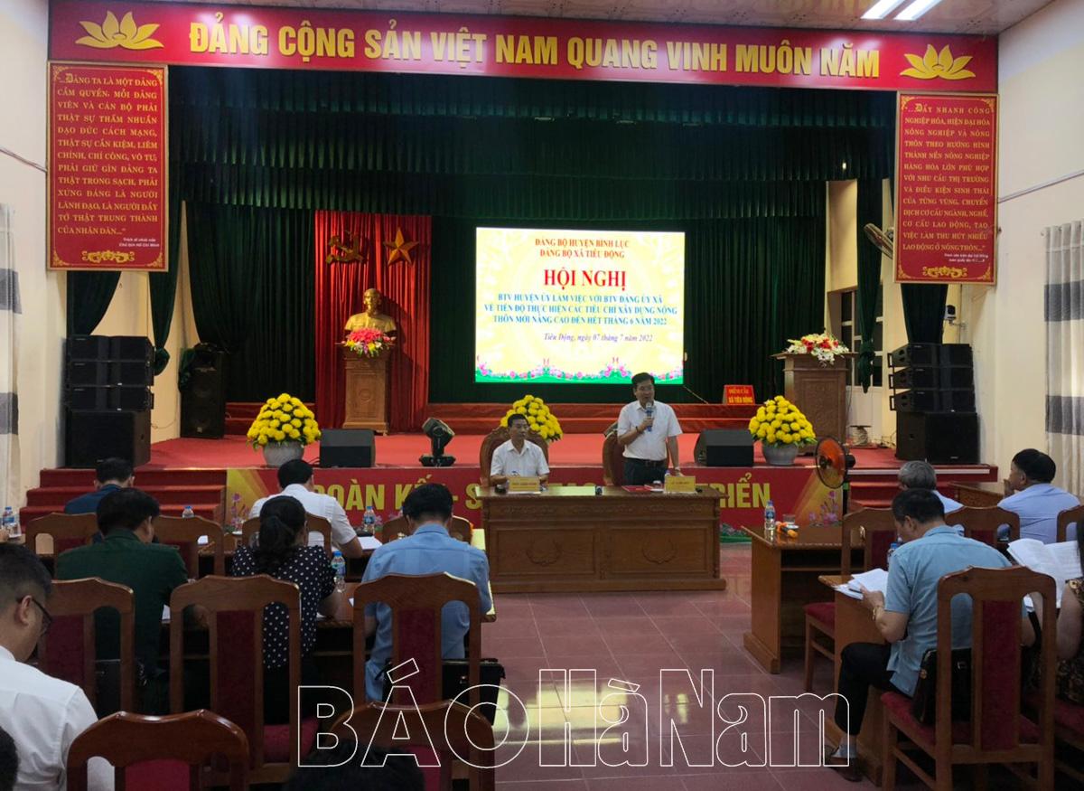 BTV Huyện ủy Bình Lục làm việc với BTV Đảng ủy xã Tiêu Động về tiến độ thực hiện các tiêu chí xây dựng NTM nâng cao