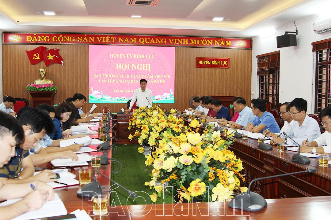 BTV Huyện ủy Bình Lục làm việc với BTV Đảng ủy xã Bồ Đề về thực hiện nghị quyết đại hội Đảng các cấp