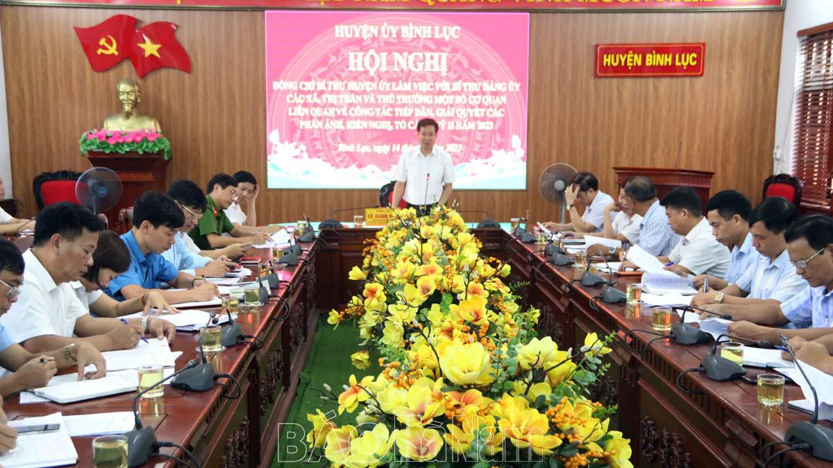 Bí thư Huyện ủy Bình Lục làm việc với bí thư đảng ủy các xã, thị trấn về công tác tiếp dân, giải quyết đơn thư quý II/2023