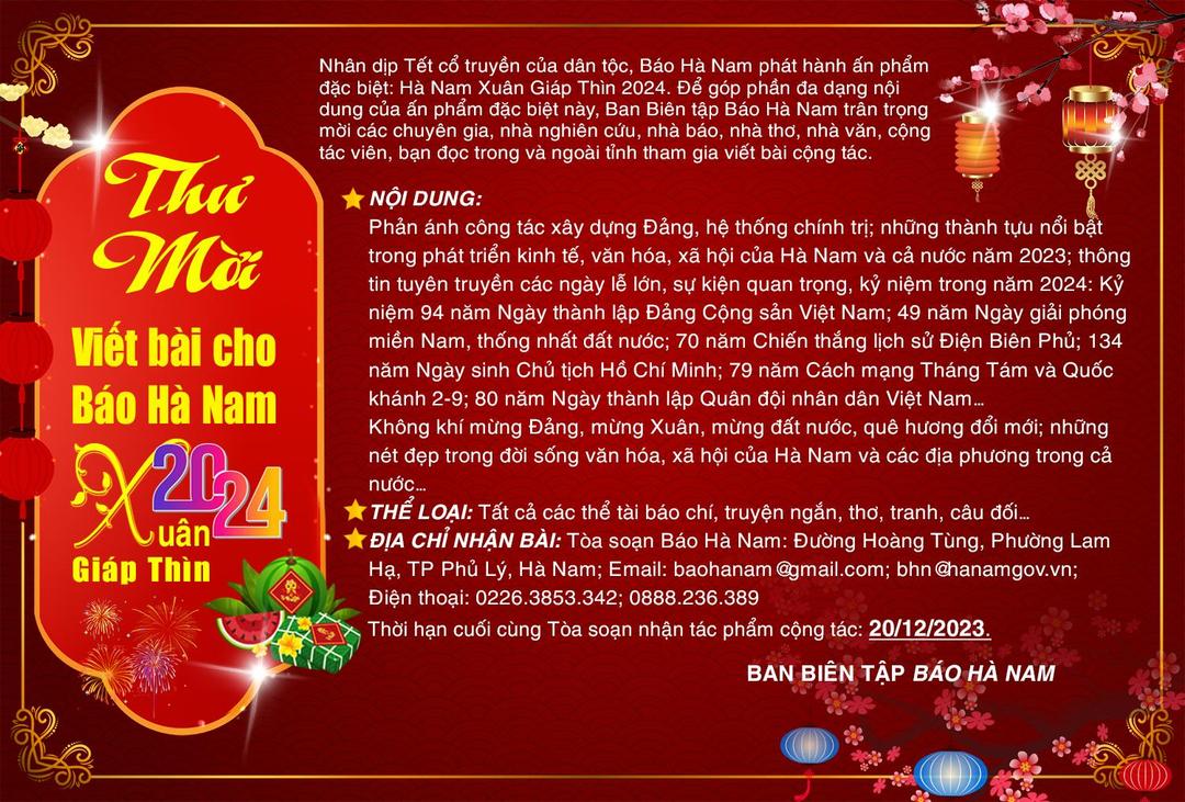 Thư mời viết bài cho Báo Hà Nam Xuân Giáp Thìn 2024
