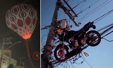 Hy hữu khinh khí cầu nâng xe máy lên cột điện gây mất điện diện rộng