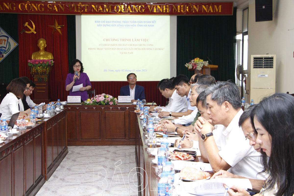 Đoàn kiểm tra Ban chỉ đạo Trung ương Phong trào “Toàn dân đoàn kết xây dựng đời sống văn hóa” làm việc với tỉnh Hà Nam