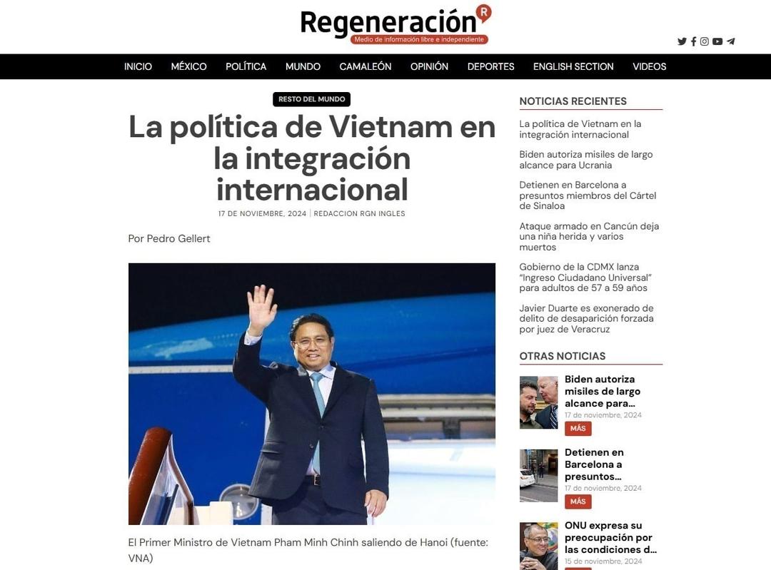 Bài viết có tựa đề “Chính sách hội nhập quốc tế của Việt Nam” trên tờ Regeneración.