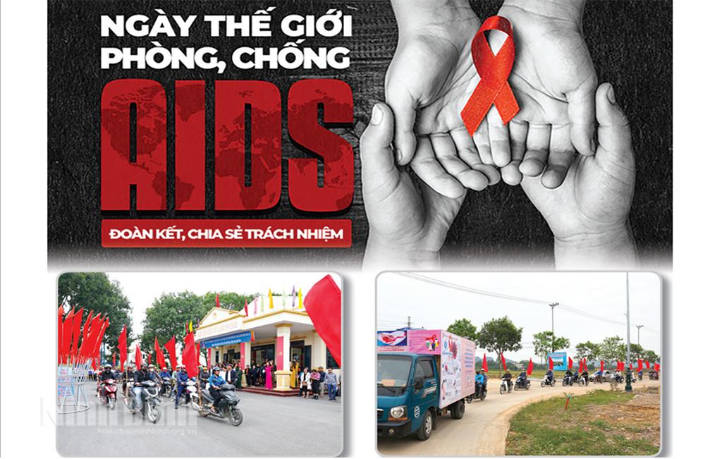 Ảnh trên: Pa-nô tuyên truyền Ngày thế giới phòng, chống HIV/AIDS. Ảnh dưới: Ra quân tuyên truyền hưởng ứng Tháng hành động quốc gia phòng, chống HIV/AIDS trên địa bàn huyện Nho Quan. Ảnh: Minh Quang