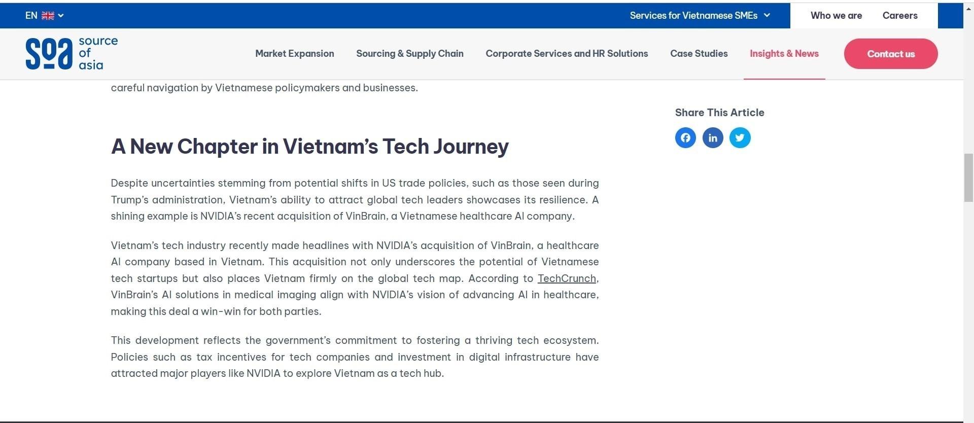 Trang thông tin sourceofasia.com ngày 23/12 có bài viết nhận định Việt Nam trở thành điểm đến đáng chú ý của các doanh nghiệp toàn cầu.