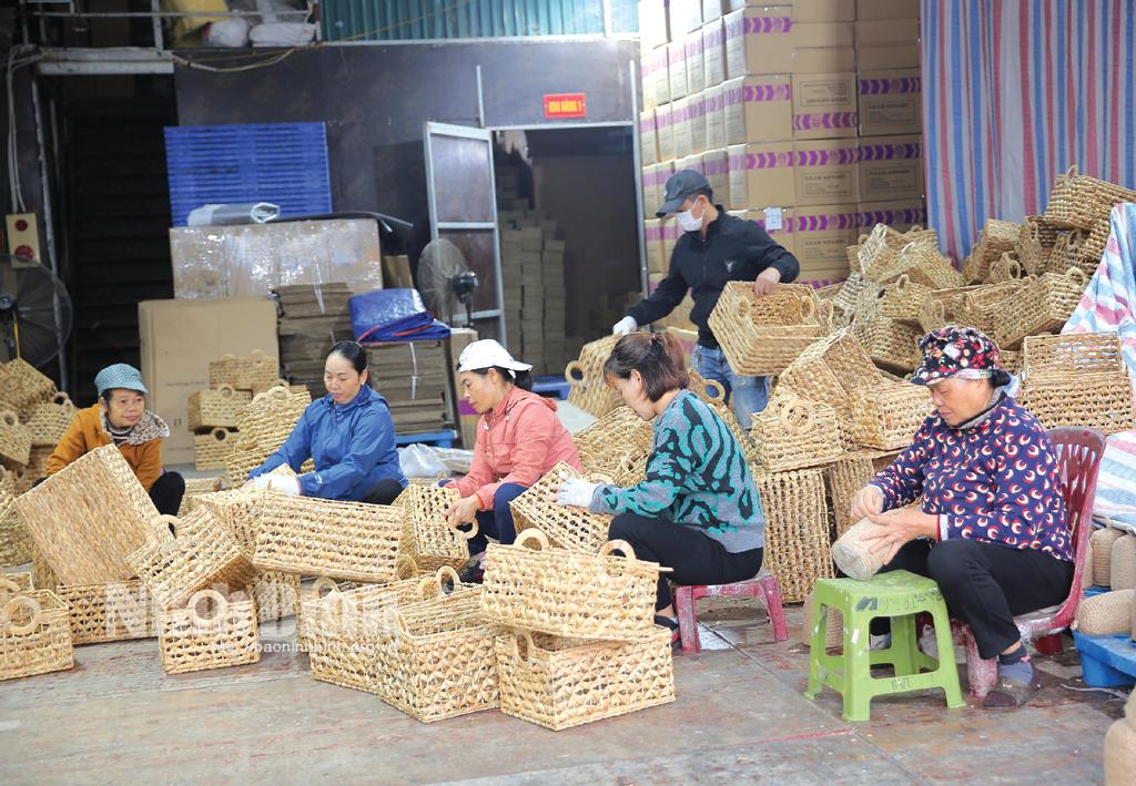 Người dân làm hàng cói xuất khẩu tại xã Hùng Tiến, Kim Sơn.