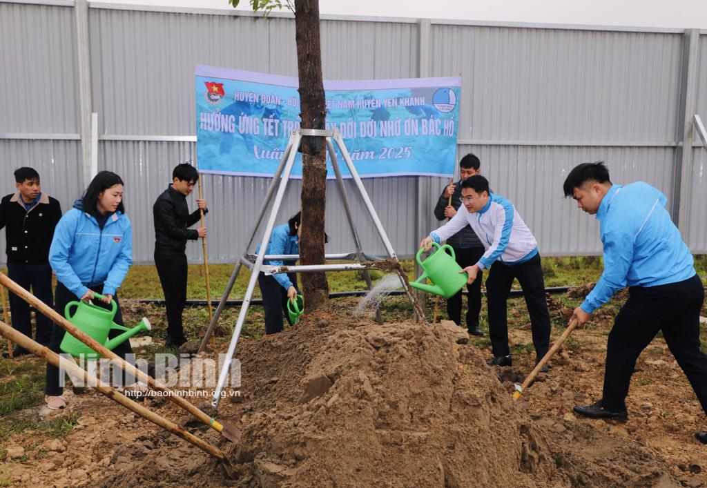 Đoàn thanh niên huyện Yên Khánh tham gia trồng cây tại lễ phát động trồng cây đầu xuân 2025. Ảnh: Đức Lam