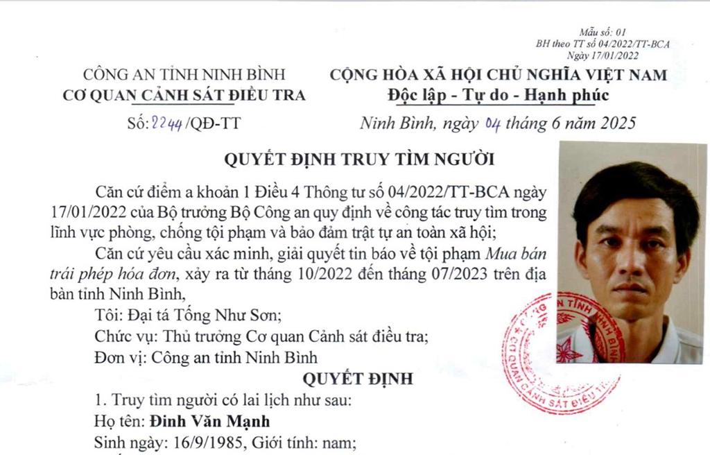 Cơ quan Cảnh sát điều tra Công an tỉnh Ninh Bình truy tìm đối tượng Đinh Văn Mạnh.