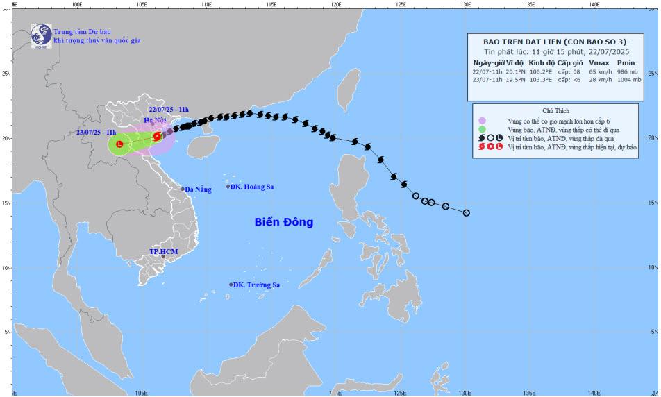 Bản đồ dự báo quỹ đạo và cường độ bão số 3 lúc 11 giờ 15 phút ngày 22/7/2025.