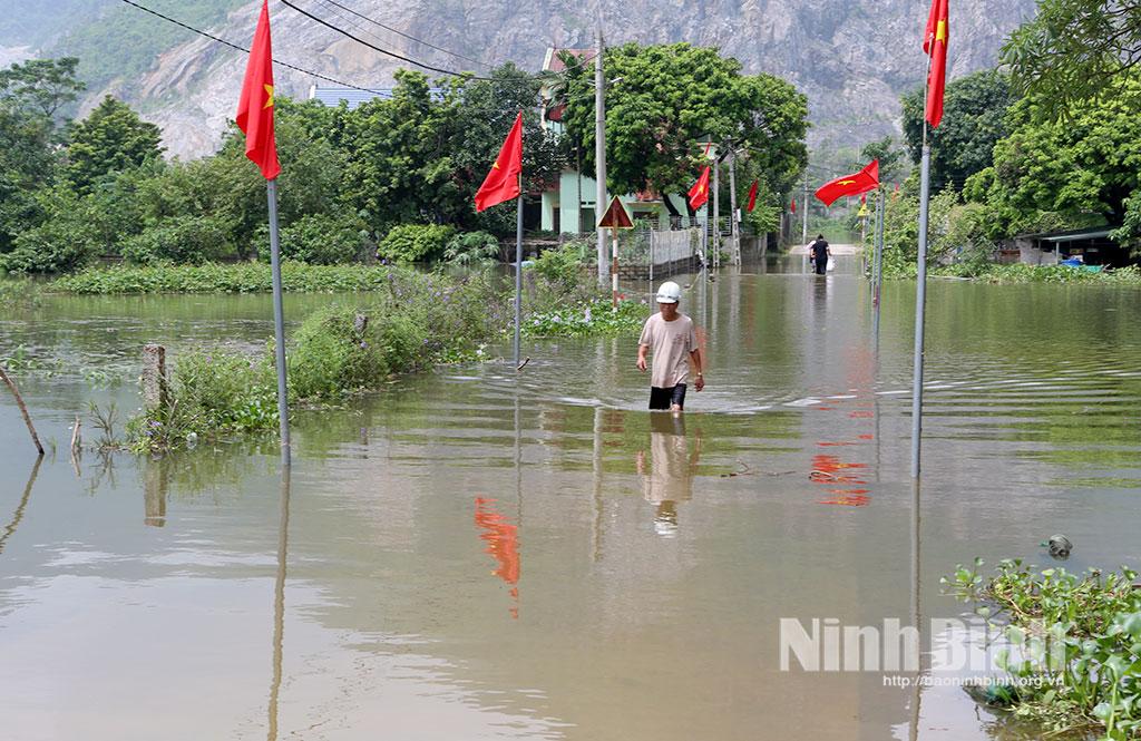 Đường giao thông trục chính vào thôn Tân Hưng, xã Thanh Lâm bị ngập do lũ sông Đáy lên cao.