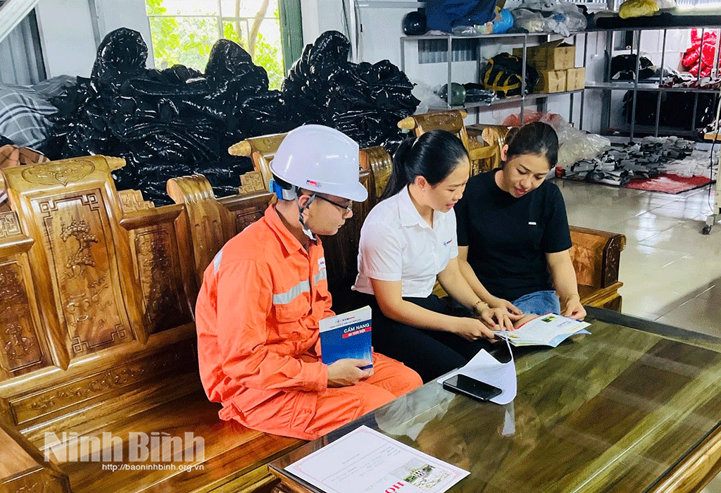 Nhân viên Điện lực Hoa Lư tuyên truyền sử dụng điện an toàn, tiết kiệm đến khách hàng.