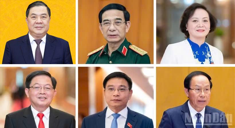 Quốc hội thông qua Nghị quyết phê chuẩn bổ nhiệm Phó Thủ tướng Chính phủ gồm các đồng chí (từ trái qua phải): Phạm Gia Túc, Phan Văn Giang, Phạm Thị Thanh Trà (hàng trên), Hồ Quốc Dũng, Nguyễn Văn Thắng, Lê Tiến Châu (hàng dưới). (Ảnh: VĂN TOẢN)