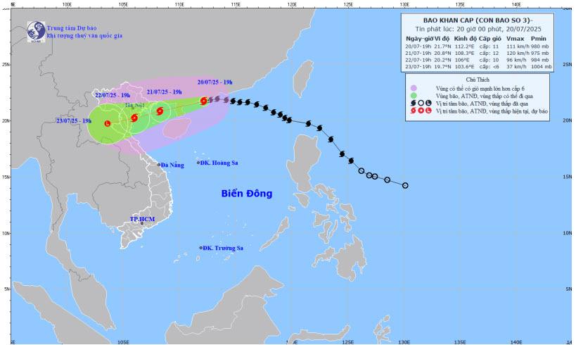 Bản đồ dự báo quỹ đạo và cường độ bão số 3 lúc 20 giờ ngày 20/7/2025.