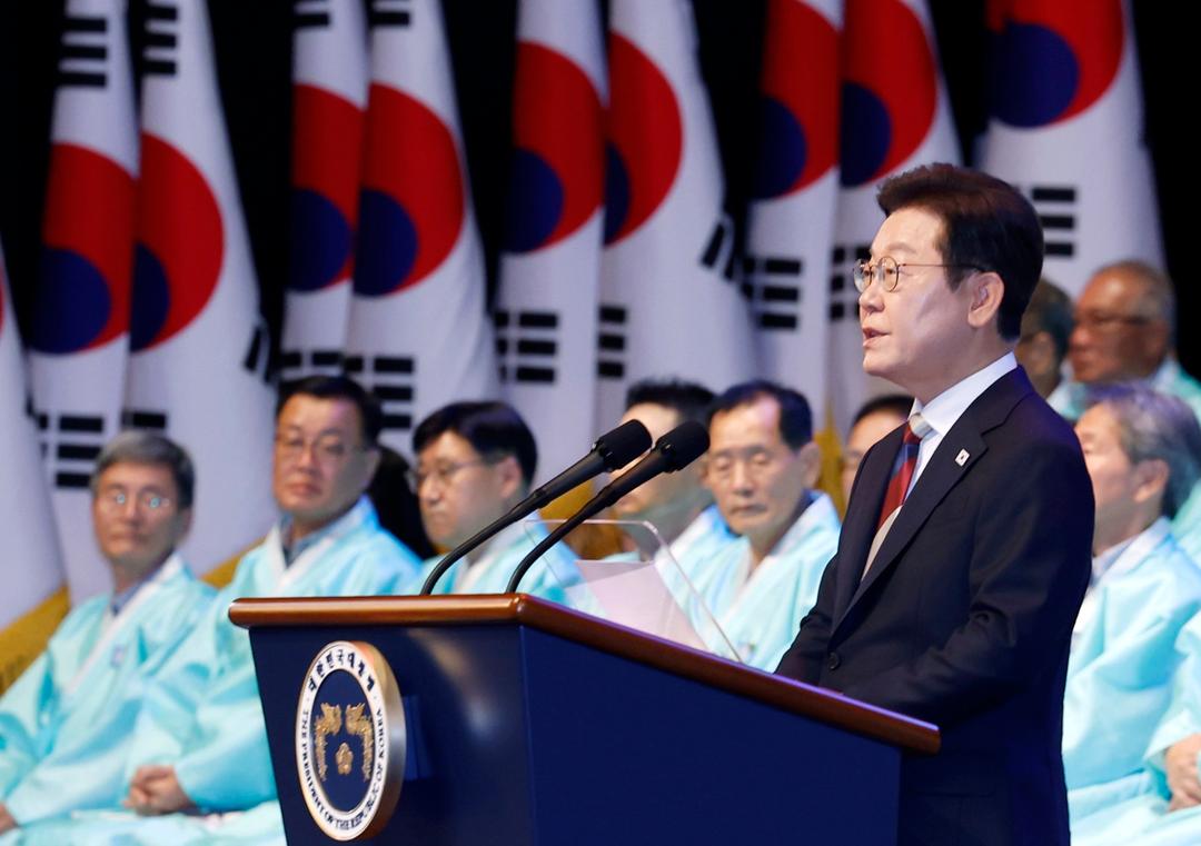 Tổng thống Hàn Quốc phát biểu tại buổi lễ kỷ niệm 80 năm Ngày giải phóng, ở thủ đô Seoul ngày 15/8/2025. Ảnh: Yonhap/TTXVN