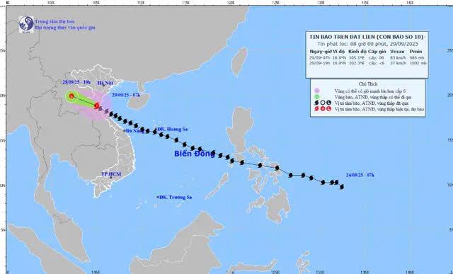 Bản đồ dự báo quỹ đạo và cường độ bão số 10 phát lúc 8h ngày 29/9/2025. (Ảnh: KTTV)