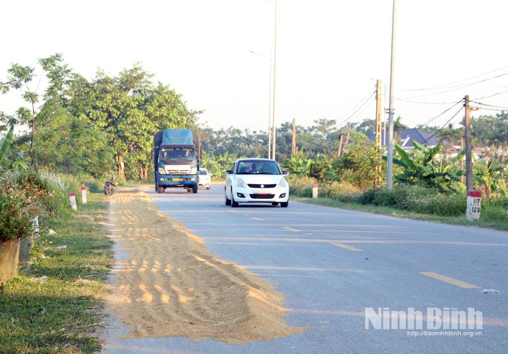 Người dân chiếm dụng lòng đường để phơi thóc gây nguy hiểm cho người và phương tiện khi tham gia giao thông. Ảnh chụp tại Quốc lộ 37B, đoạn qua địa bàn xã Bình Mỹ.