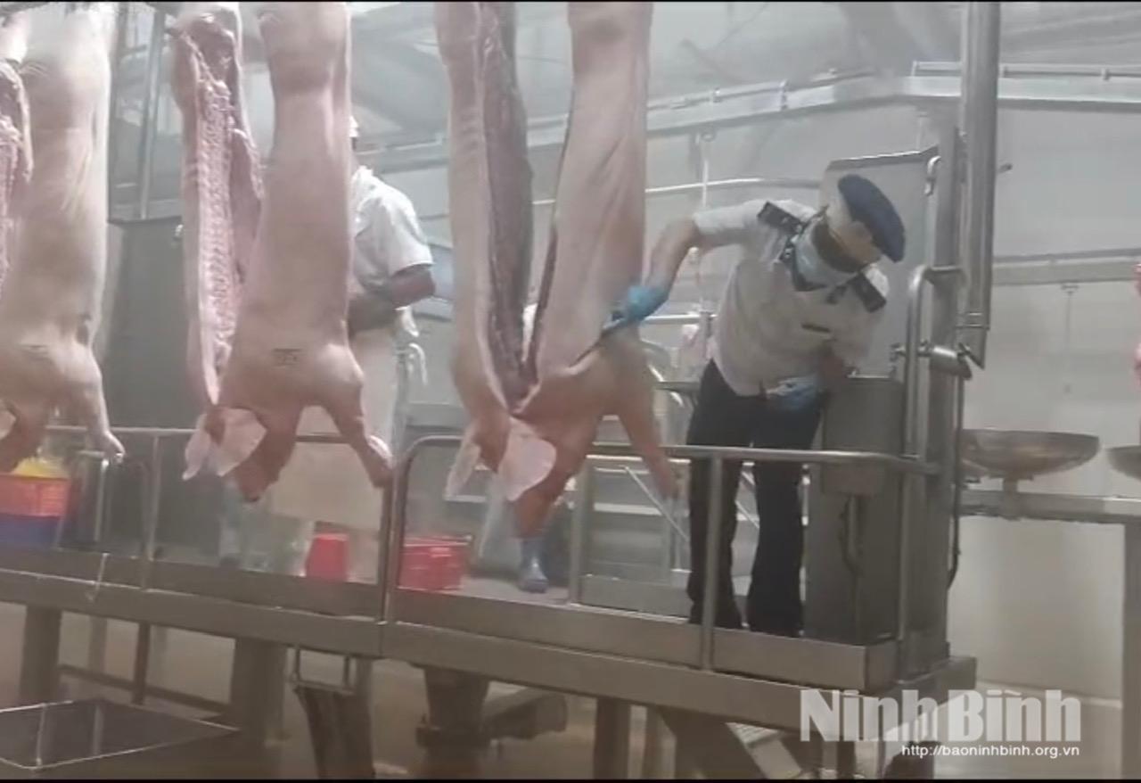 Kiểm dịch viên kiểm tra, đóng dấu kiểm soát giết mổ tại Công ty TNHH Meat Deli HN.