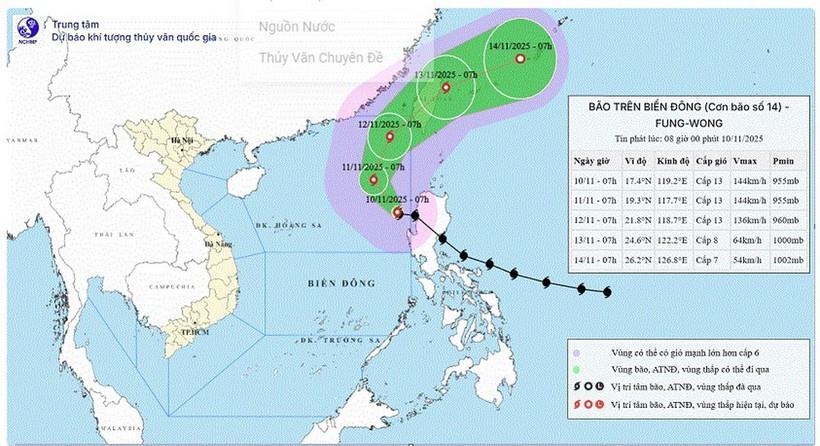 Hình ảnh vị trí và đường đi của bão số 14 lúc 7h sáng 10/11/2025. Nguồn: Trung tâm Dự báo Khí tượng Thủy văn Quốc gia