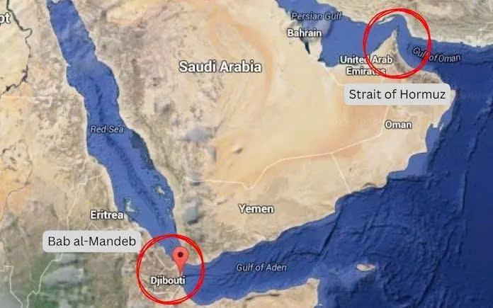 Khoảng 12% lượng dầu vận chuyển bằng đường biển toàn cầu đi qua eo biển Bab al-Mandeb (Ảnh: NDTV)