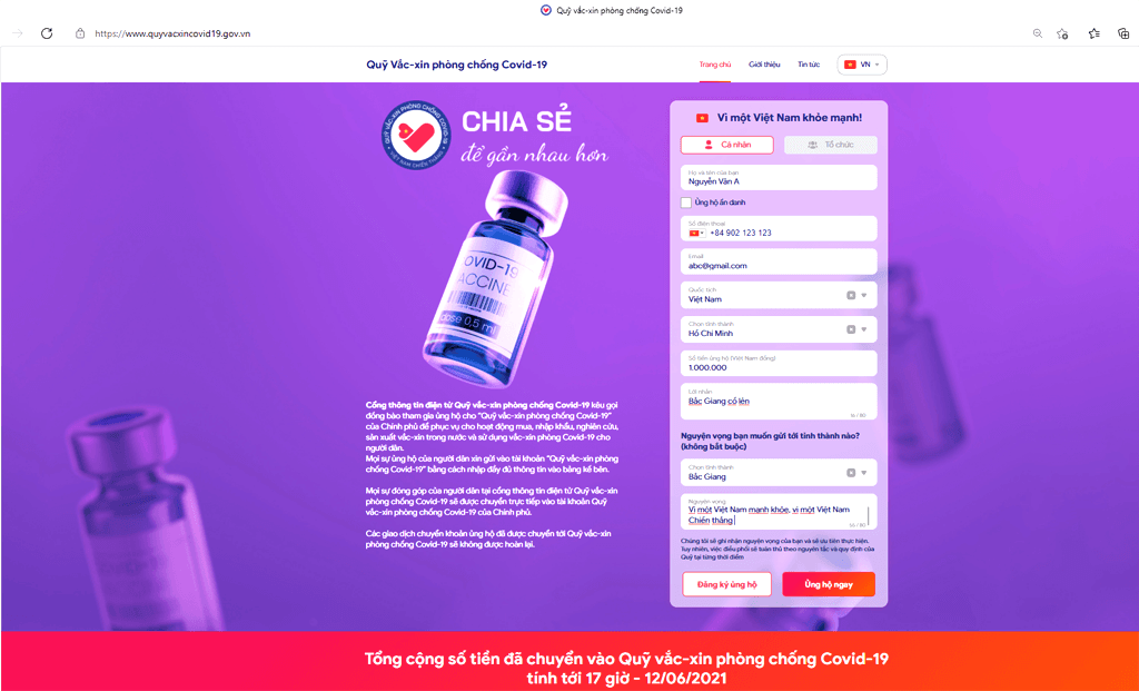 Website Quỹ vaccine phòng COVID-19 - Kênh tương tác trực tuyến cho nhà tài trợ
