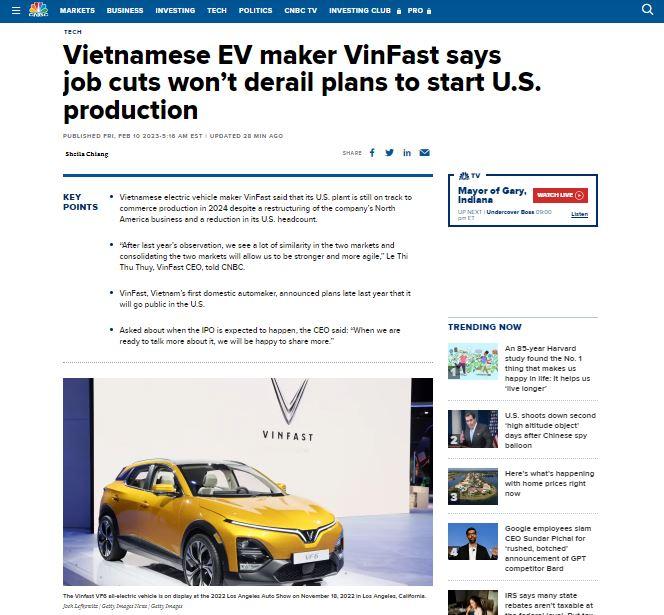 CNBC: VinFast sản xuất xe điện tại Mỹ từ năm 2024