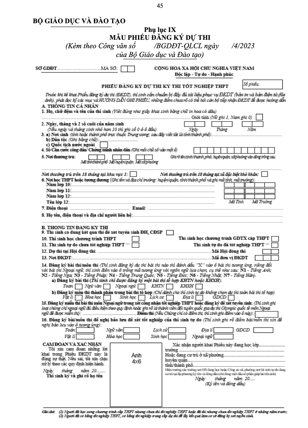 Hướng dẫn ghi phiếu Đăng ký dự thi tốt nghiệp THPT 2023