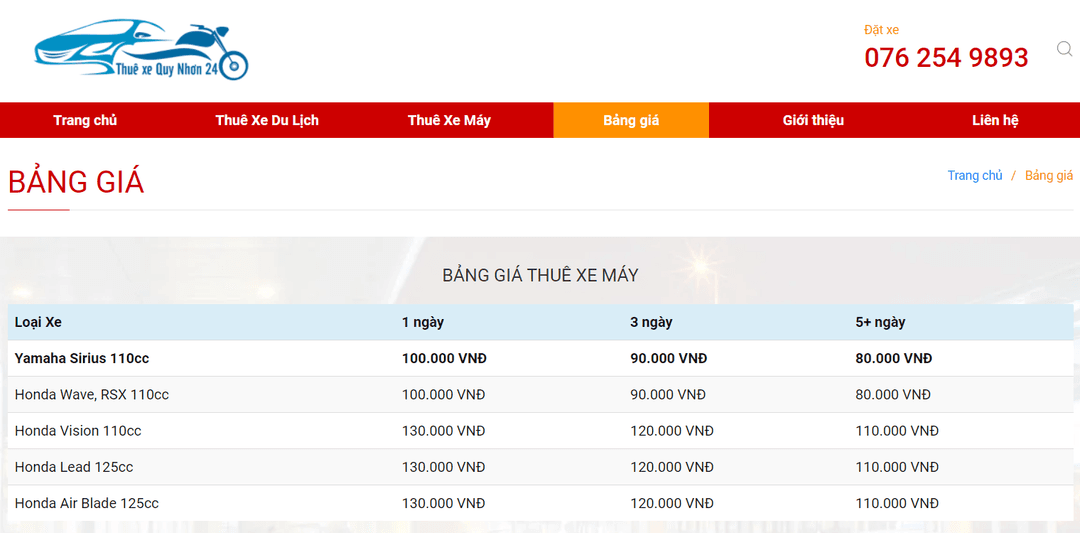 Bảng giá thuê xe máy giao tận nơi tại Thuê Xe Quy Nhơn 24 mới nhất