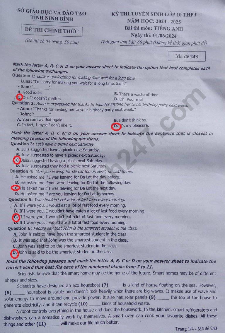 Đáp án đề thi môn Tiếng Anh Kỳ thi tuyển sinh lớp 10 THPT tỉnh Ninh Bình năm học 2024-2025