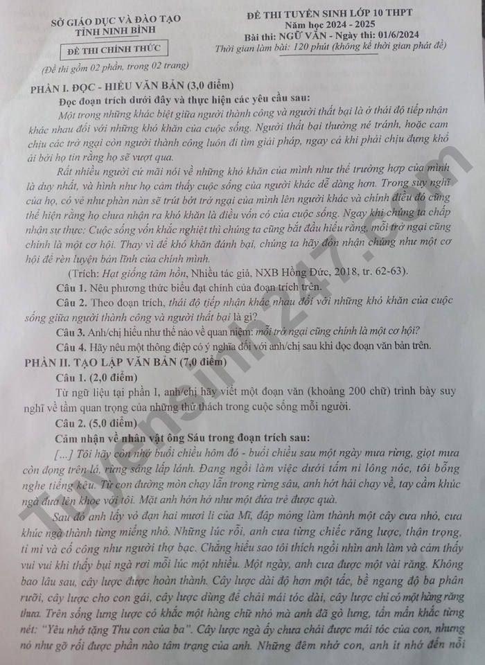 Đáp án đề thi môn Văn Kỳ thi tuyển sinh lớp 10 THPT tỉnh Ninh Bình năm học 2024-2025