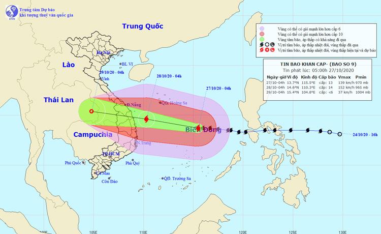 Bão số 9 cường độ rất mạnh, mưa rất to từ Thừa Thiên - Huế đến Phú Yên