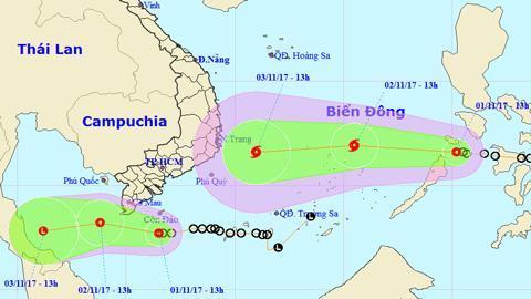 Tin áp thấp nhiệt đới gần bờ và áp thấp nhiệt đới gần Biển Đông (Hồi 13 giờ ngày 1-11)