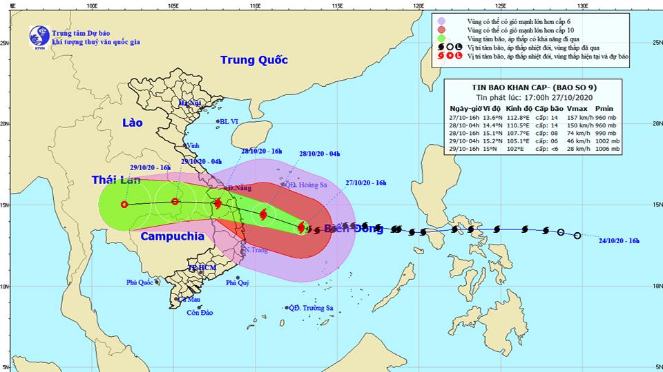 Tin bão khẩn cấp (Cơn bão số 9) lúc 16 giờ ngày 27-10